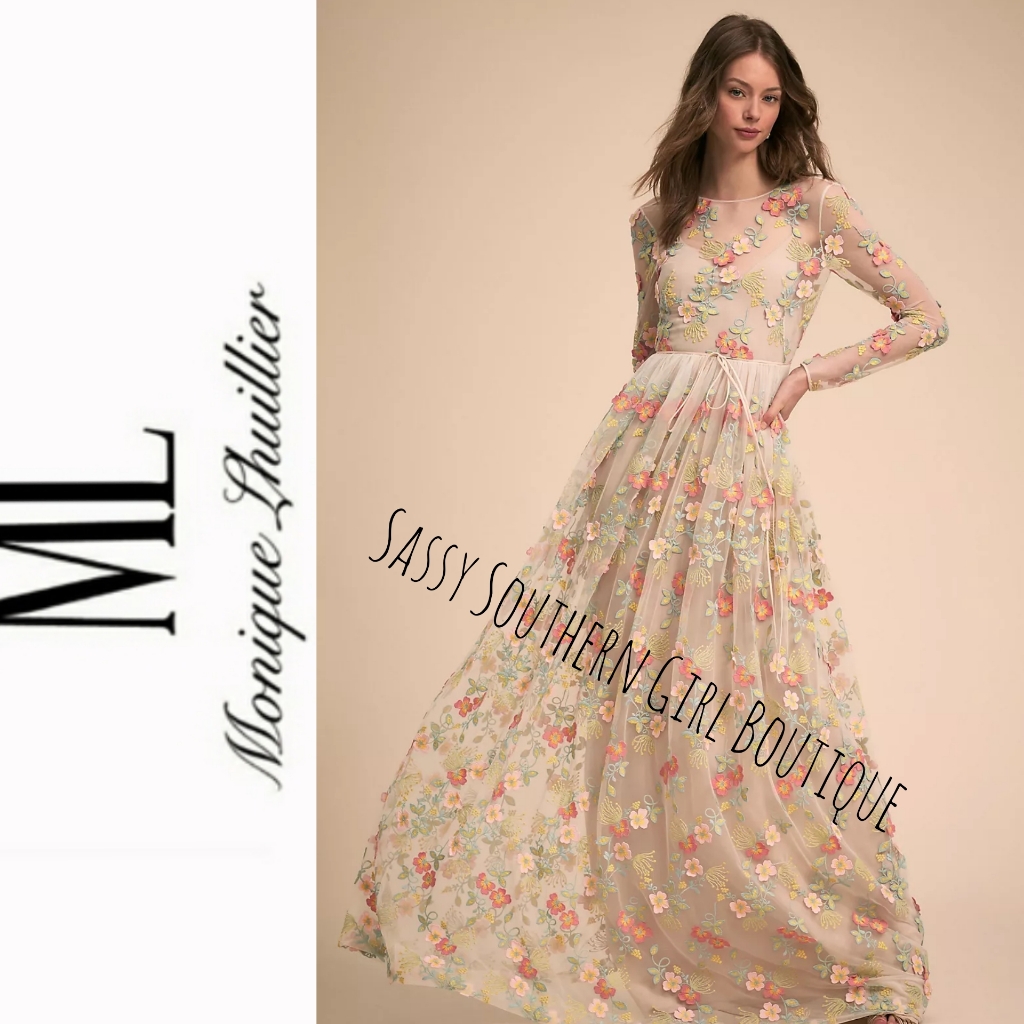 Monique Lhuillier Embroidered Floral Maxi Formal Dress